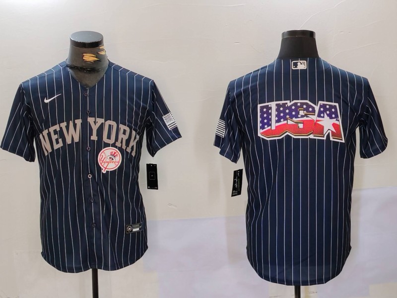 Men New York Yankees Blank Blue stripe joint name 2024 Nike MLB Jersey style 9121